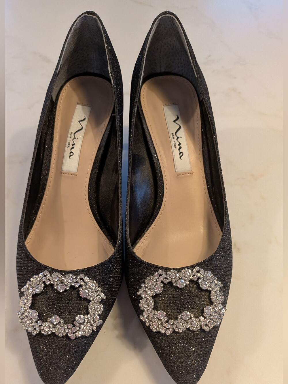 Nina Dressy Black Pumps With Rhinestone Buckle Detail, Size 8M